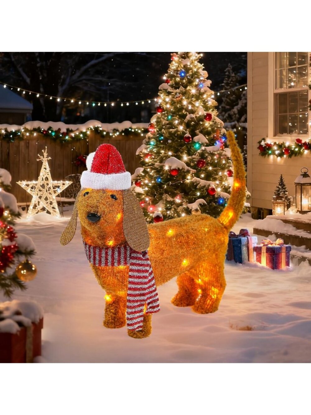 Christmas Lighted Dog Outdoor Decoration, 2.3 FT Pre-lit 3D Plush Tinsel